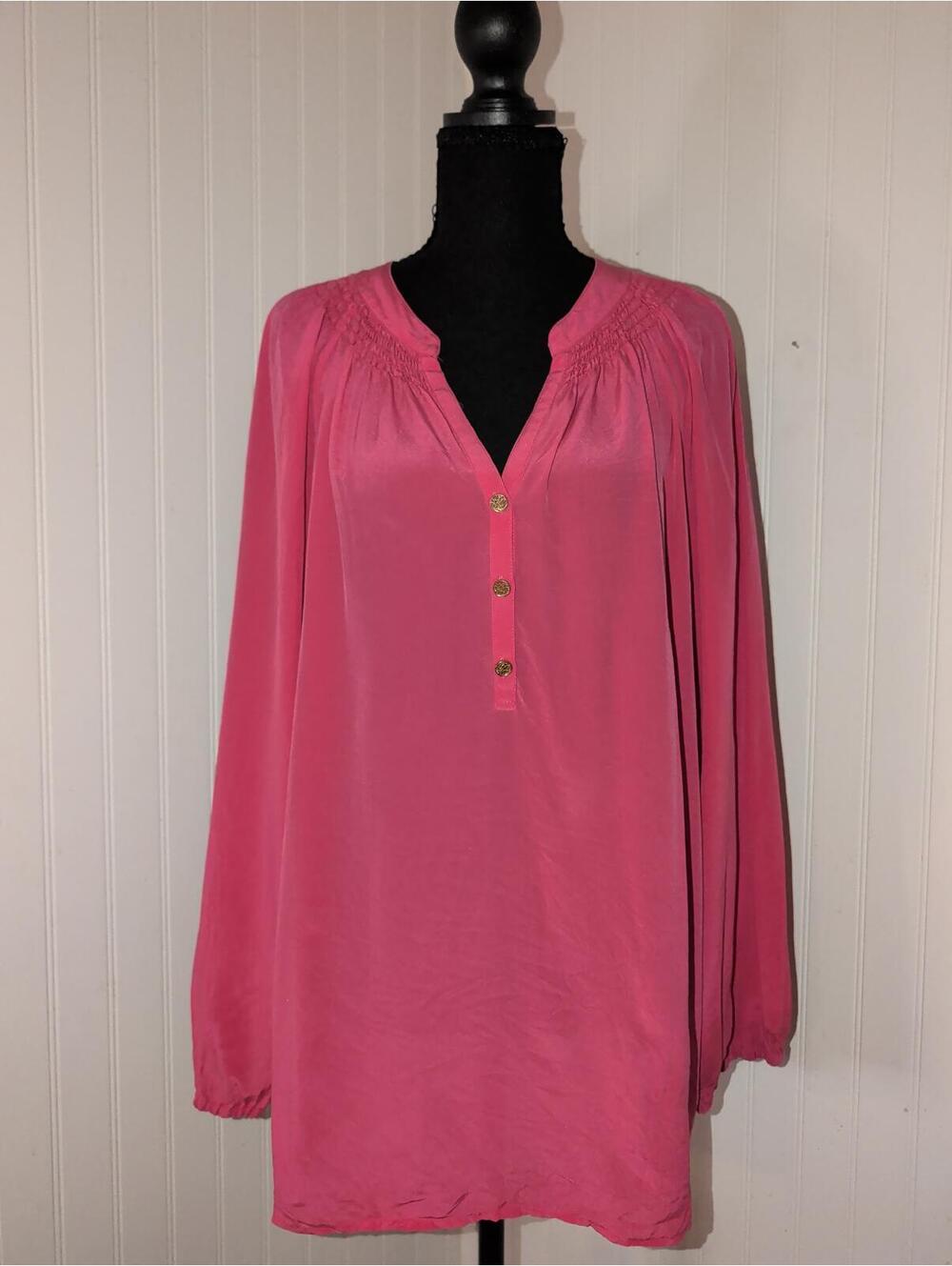 Lilly Pulitzer 100% Pure Silk Pink Long Sleeve Tunic Blouse XL